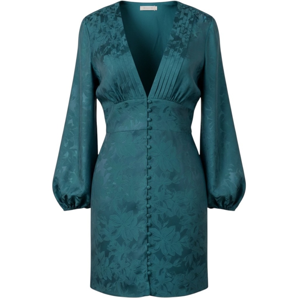 Fate Green Floral Jacquard V-Neck Mini Dress Size M Balloon Sleeve Romantic